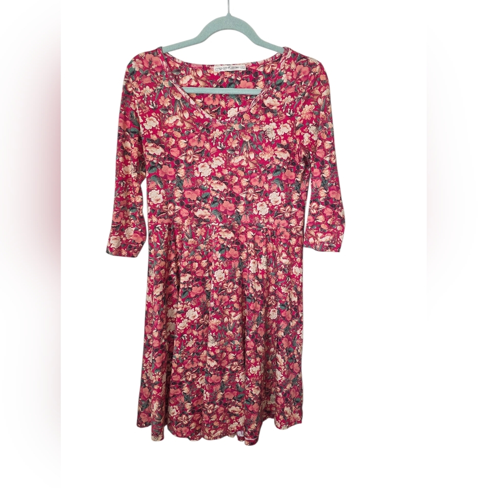 Peruvian Connection Dress Vintage Rose 3/4 Sleeve Hibiscus Pink Floral‎ Small